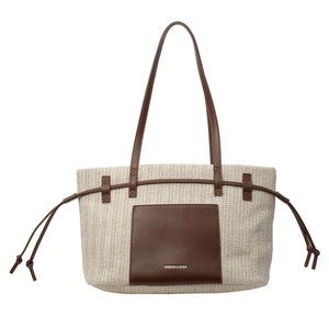Large capacity woven tote bag with brown faux leather handles for beach vacation