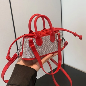Women's Mini Rhinestone Square Bag Fashion PU Leather Handbag With Drawstring Shoulder Crossbody Bag For Party Wedding Shiny Evening Purse