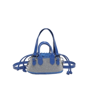 Mini rhinestone drawstring bag with blue leather handles and detachable shoulder strap