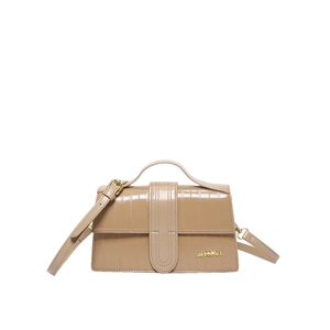 Minimalist light brown quilted satchel bag with top handle and golden JINGPIN logo