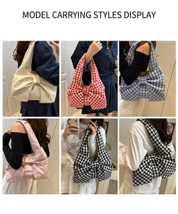Collage of fashion models showing large bow-shaped tote bags in various solid and plaid colors