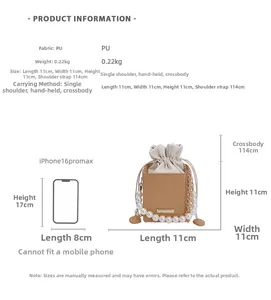 Size chart for mini weave box bag with pearl handle and smartphone size comparison
