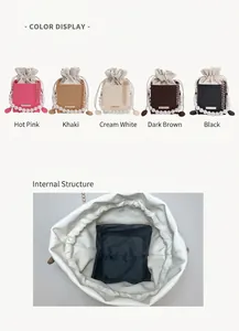 Detail view showing five colors and internal structure of drawstring bag with pearl handle