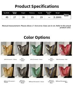Size chart and detail views of large capacity checkered canvas tote bag in five colors
