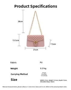 Detailed dimension guide for pink PU leather crossbody bag with logo pattern and gold chain