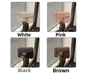 Detail view of four-color chain crossbody bags with monogram pattern and gold metal M hardware