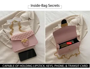 Detail of light pink crossbody bag showing spacious main pocket and gold metal lock
