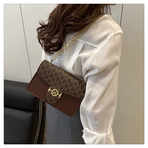 Detail of contrast color crossbody bag featuring M-pattern canvas and gold chain strap