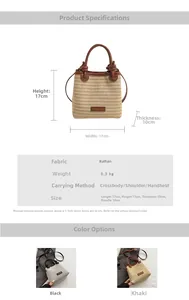 Detailed size and material chart for straw bucket bag featuring woven texture and dimensions