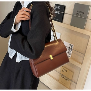 Detail of a brown leather shoulder bag with gold chain strap and rectangular metal clasp