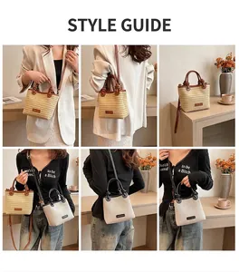 Detail shots of large straw tote bags in beige and brown colors with leather straps