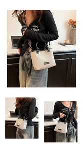 Three views of a large canvas tote with black leather trim and detachable shoulder strap