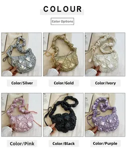 Showcase of six metallic colors for quilted puffy bags including silver, gold, and pink tones