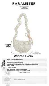 Detailed size specifications for the white quilted nylon cloud bag showing 19x13x8 cm dimensions