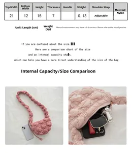 Detailed size chart and internal capacity of pink puffer cloud shoulder bag with dimensions