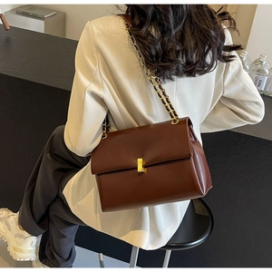 Detail view of a brown leather shoulder bag with a gold rectangular lock and chain strap
