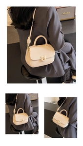 Gros plan du sac selle en cuir grainé beige avec bandoulière nouée sur un blazer gris