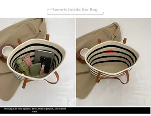 Detailed view showing the large capacity of a striped woven cotton rope tote bag