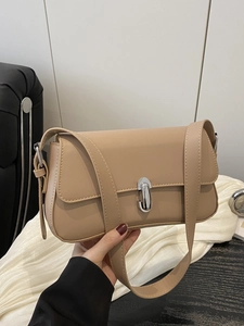 Women French Style Chic Underarm Bag Fashion PU Leather Shoulder Bag With Silver Metal Lock Elegant Solid Color Baguette Bag