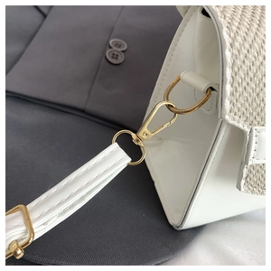 Detailed close-up of gold metal hardware and woven texture on a white crossbody handbag