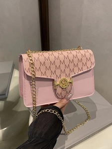 Women PU Leather Crossbody Shoulder Bag M Letter Print Gold Metal Chain Square Flap Contrast Color Fashion Daily Handbag