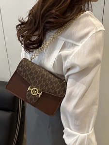 Brown contrast large tote bag with M-print flap and golden chain strap for women