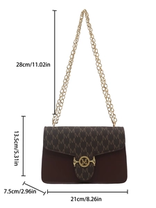 Brown leather crossbody bag with chain strap and monogram pattern in 21x13.5cm size