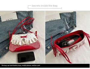 Detail view of red gingham bag with bow showing internal storage and size comparison