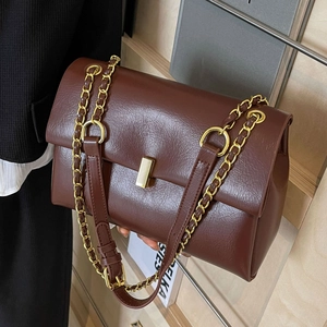 Women PU Leather Flap Tote Bag Large Capacity Metal Chain Shoulder Crossbody Bag Office Commute Vintage Simple Handbag
