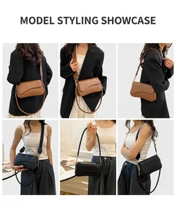 Détails des sacs à bandoulière français en marron et noir avec rabat au design ondulé
