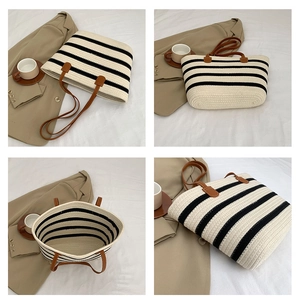 Detailed views of striped woven tote bag with leather handles and spacious interior