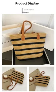 Detail view of woven cotton tote bag with striped texture and premium leather handles