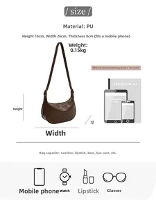 Size chart for PU leather crescent bag showing dimensions 16x26x8cm and item capacity