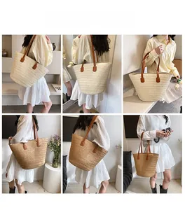 Collage of large straw tote bags showing models wearing beige and brown woven beach bags