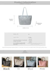 Size chart showing large PU tote bag dimensions: 41cm width, 27cm height, and handle details