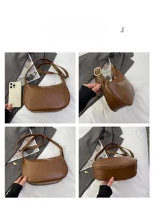 Detailed views of the brown PU leather crescent hobo bag from multiple perspectives
