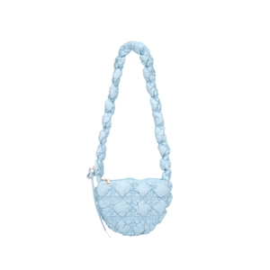 Light blue quilted puffer cloud bag with fluffy shoulder strap in a heart shaped design