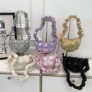 Women Korean Style Quilted Cloud Bag Pleated Scrunchie Strap Nylon Glossy Bubble Shoulder Bag Underarm Purse