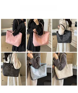 Collage of four vintage textured tote bags in various colors shown on models