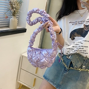 Glossy light purple pleated hobo bag in cloud style for casual Korean fashion look