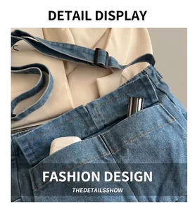 Macro detail of blue denim shoulder bag featuring a flap pocket and adjustable strap