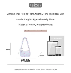 Size guide for floral nylon hobo bag showing dimensions and daily item capacity