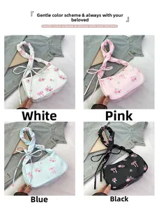 Collage of floral ruched shoulder bags in white, pink, light blue, and black colors