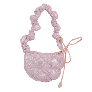 Pink quilted bubble hobo bag with glossy finish and wavy pleated handle on white background