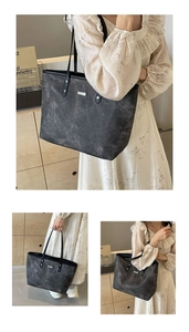 Collage of dark grey tote bag with vintage marble texture showing various carrying styles