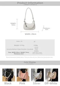 Detail view of crescent shoulder bag dimensions with faux leather material and weight data