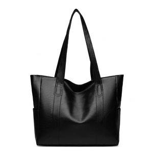 Minimalist black large capacity tote bag with premium leather texture and long straps