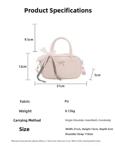 Detail view of pink PU leather handbag showing 21x12x5cm dimensions and lightweight 0.13kg