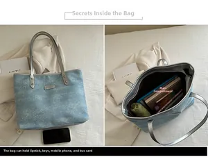 Detail of blue denim tote bag interior showing large capacity for daily essentials