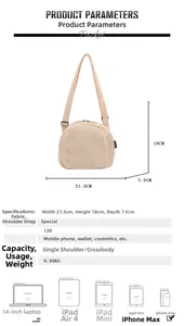 Spécifications de taille et détails de capacité du sac bandoulière en velours côtelé beige